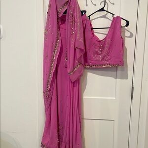 Embellished Hot Pink Saree with Matching Blouse